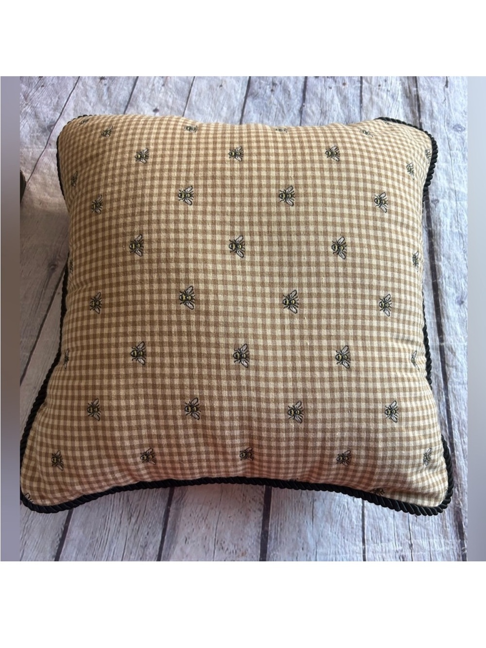 Waverly Beige Gingham Embroidered Accent Pillow with Black Piping